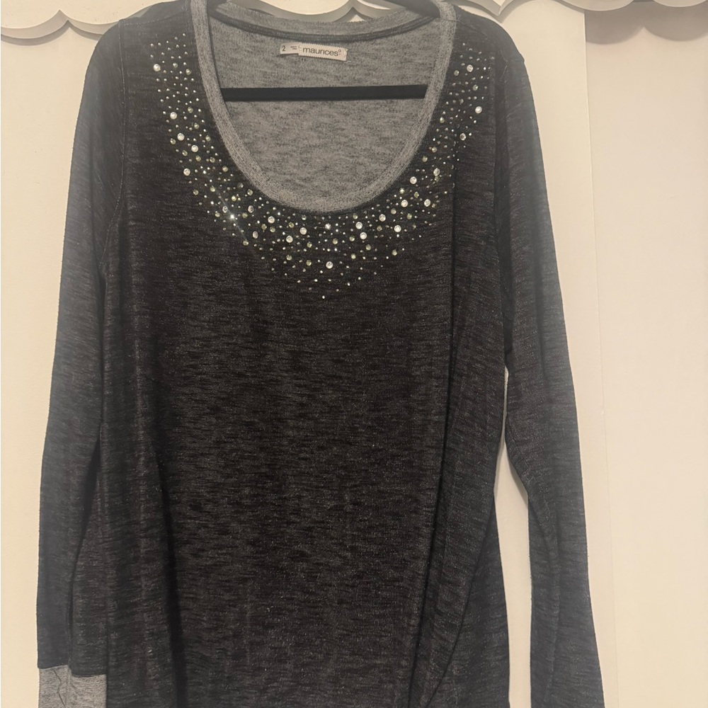 Maurices Charcoal and Light Gray Embellished Long Sleeve Top